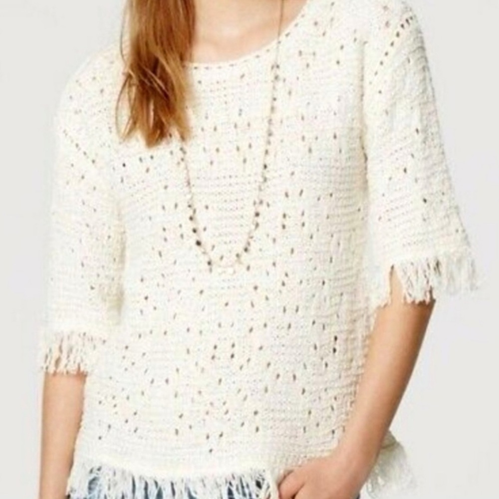 LOFT White Fringe Knit Sweater - Size M